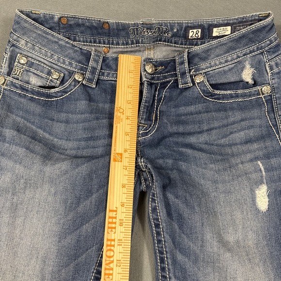 Miss Me Boot Womens 28 Embellished Fleur De Lis  Jeans THICK STITCH WHISKERING - Picture 8 of 10